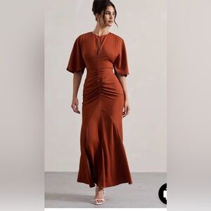 TERRACOTTA RUCHED FLUTTER-SLEEVE CUT-OUT MAXI DRESS SIZE US 10